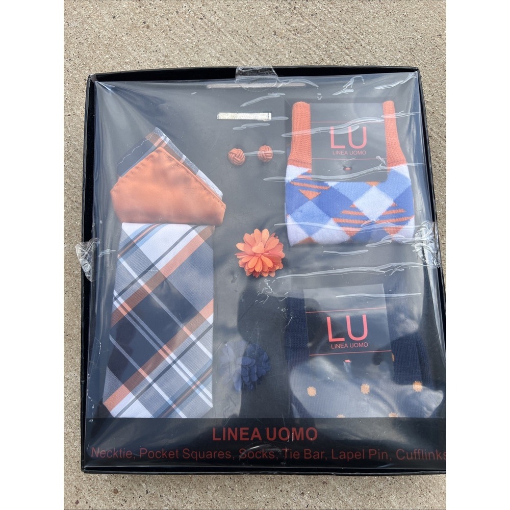 Linea Uomo 9 Piece Orange‎ Blue Tie Pocket Square Lapel Pin Cuff Links Socks Set
